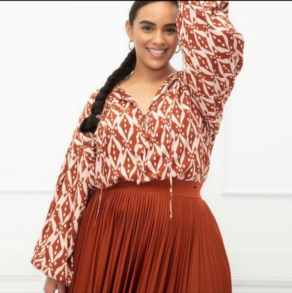 NWT Eloquii Elements balloon sleeve blouse with ties, red with rust, siz…
